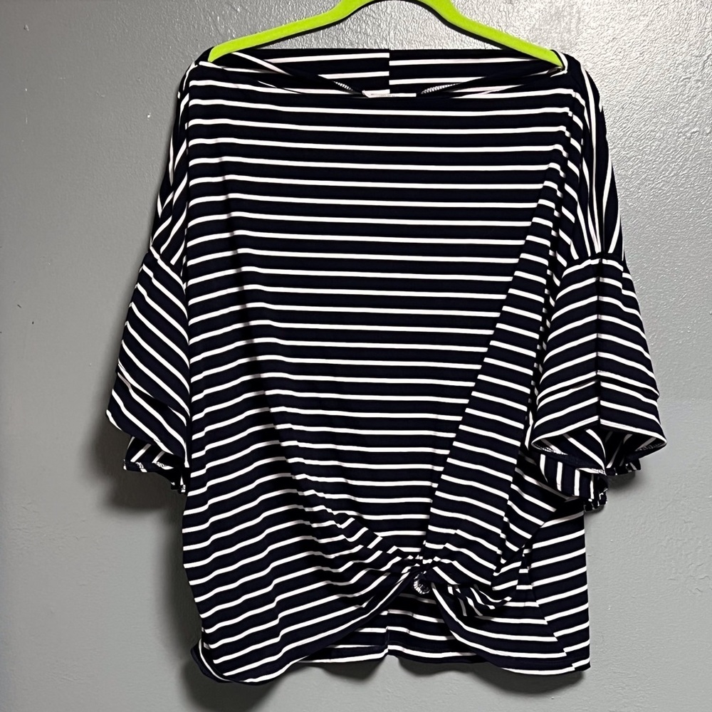 UMGEE 2XL Navy Blue and White striped off the shoulder  bell-sleeved blouse.